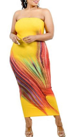 Final Sale Plus Size Strapless Tube BodyCon Dress in Yellow Mustard Multi-Color Mustard Print