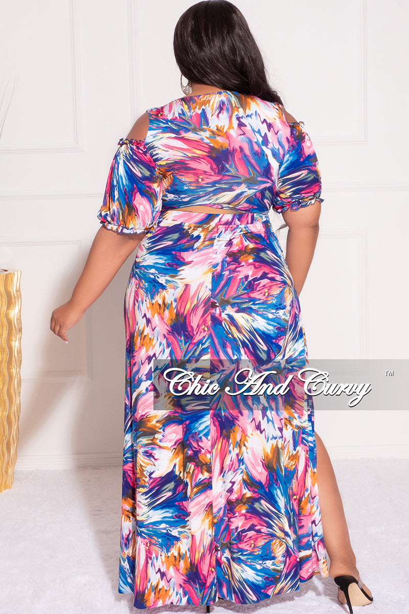 Final Sale Plus Size 2pc Crop Tie Top and Maxi Skirt Set in Fuchsia Multi-Color Print