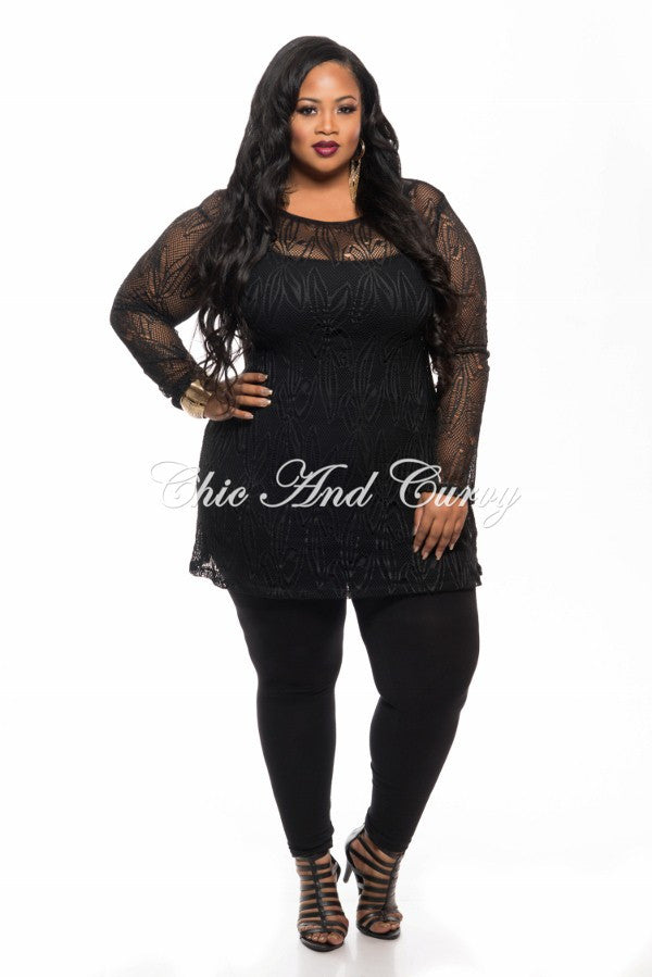 Plus Netted Tops Final Sale Plus Size Long Sleeve Lace Netting Design Top in Black ...