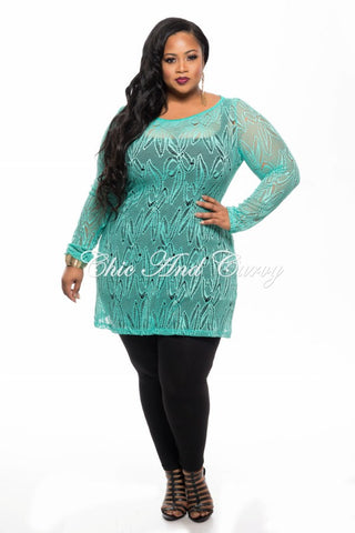 Final Sale Plus Size Long Sleeve Lace Netting Design Top in Jade