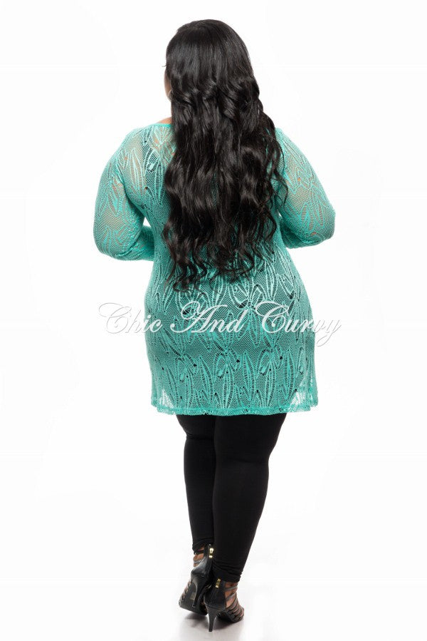 Final Sale Plus Size Long Sleeve Lace Netting Design Top in Jade
