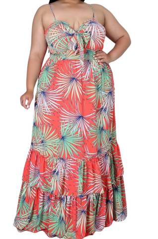 Final Sale Plus Size Tank Maxi Dress in Chiffon in Tomato, Green & Blue Summer