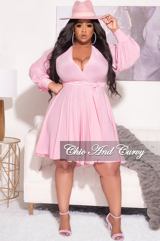 Final Sale Plus Size Long Sleeve Faux Wrap Skater Dress in Pink