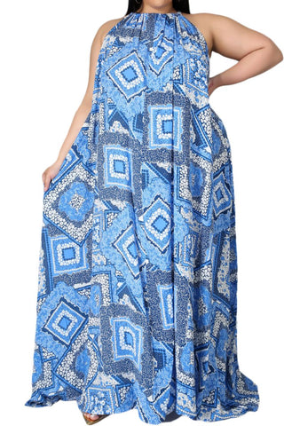 Final Sale Plus Size Long Halter Dress with Back Tie in Blue Bandana Print