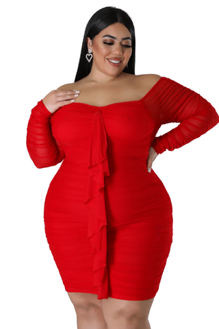 Final Sale Plus Size Ruched Off The Shoulder Mini Dress with Center Sash in Red Mesh