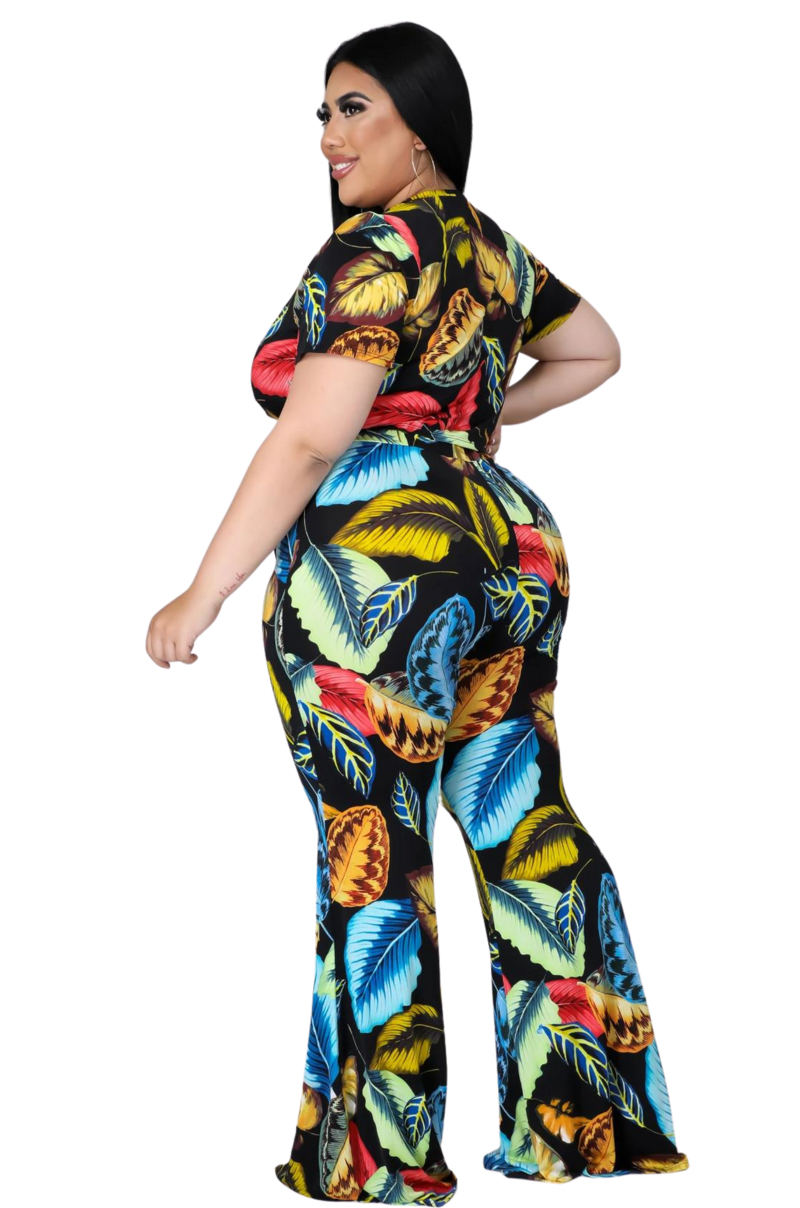 Final Sale Plus Size 2pc (Knotted Top & Palazzo Pants) Set in Black Palm Print