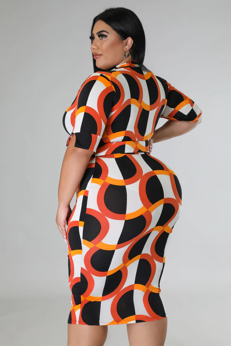 Final Sale Plus Size Collar Faux Wrap BodyCon Dress in Orange and Ivory Design Print