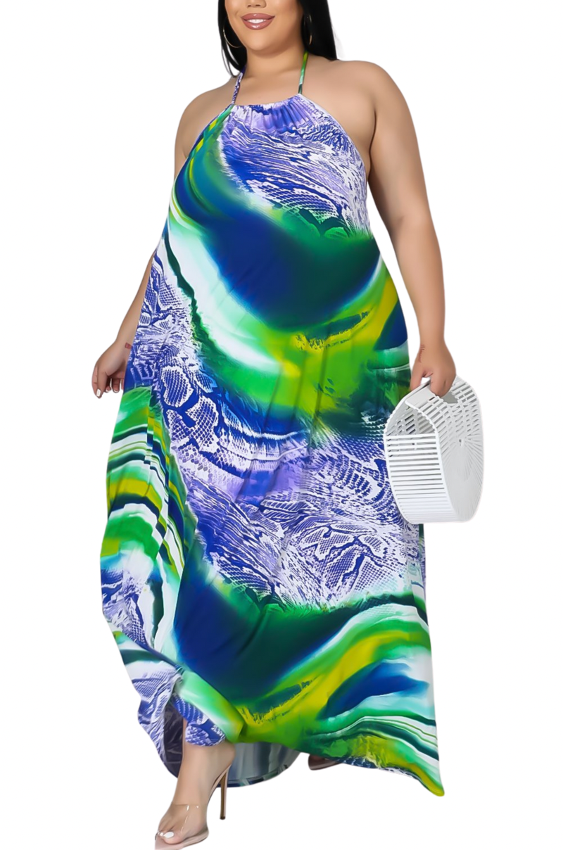 Final Sale Plus Size Maxi Dress with Low Back in Purple, Blue, Lime Print Queen