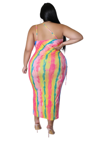Final Sale Plus Size Double Strap BodyCon Dress with Cutout Side in Pink Multi Color Tie Dye Print