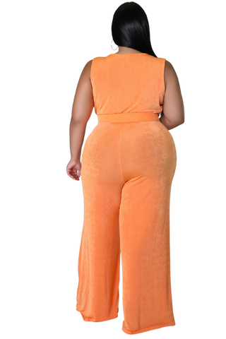 Final Sale Plus Size Slinky Deep V Neck Jumpsuit with Belt in Orange