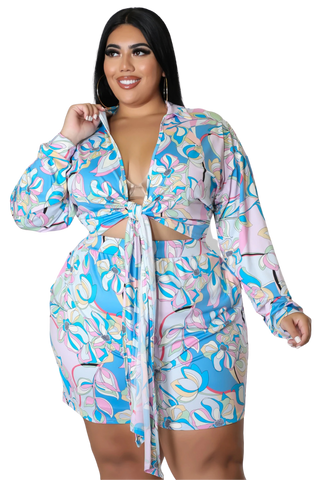 Final Sale Plus Size 2pc Set with Collar Crop Tie Top and Shorts Set in Light Multi-Colored Print