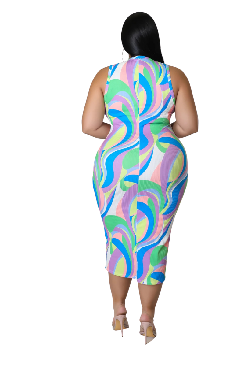Final Sale Plus Size Sleeveless Ribbed BodyCon Dress in Multi Color Design Print