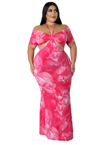 Final Sale Plus Size Halter Off the Shoulder Maxi Dress In Fuchsia Floral Print