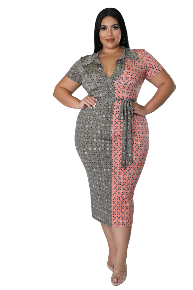 Final Sale Plus Size Collar Deep V BodyCon with Waist Tie in Olive and Pink