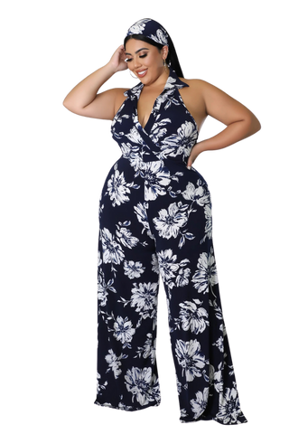 Final Sale Plus Size Faux Wrap Halter Jumpsuit with Waist Tie in Navy and White Floral Print