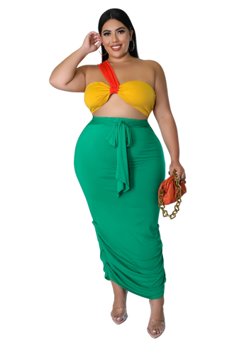 Final Sale Plus Size 2pc One Shoulder Twist Front Bra Top and Ruched Skirt in Orang Yellow and Green