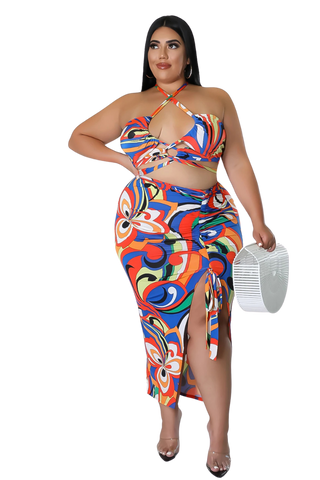 Final Sale Plus Size 2pc Ruched Skirt Set in Multi Color Design Print