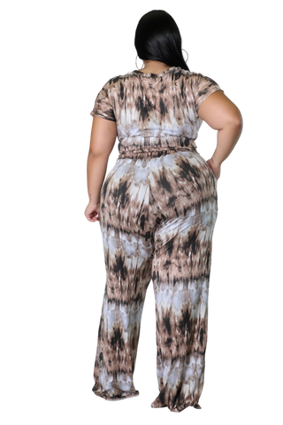 Final Sale Plus Size 2pc Color-Block Short Sleeve Tie Top and Pants in Brown & Light Blue Tie Print
