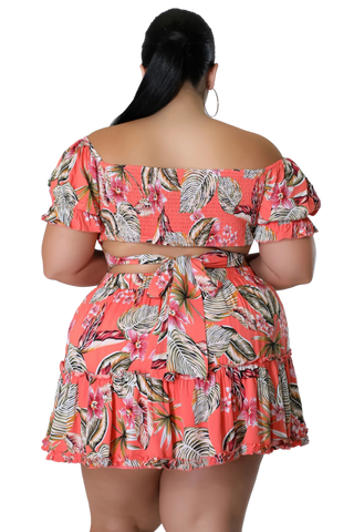 Final Sale Plus Size 2pc Off the Shoulder Crop Top and Skirt Set in Mauve Floral Print