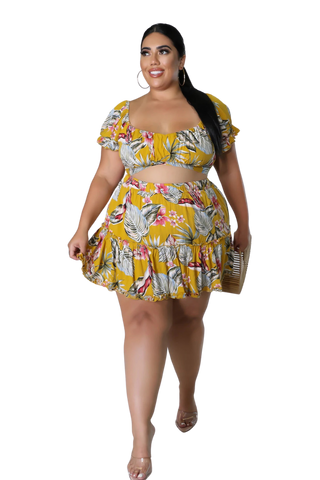 Final Sale Plus Size 2pc Off the Shoulder Crop Top and Skirt Set in Mustard Floral Print