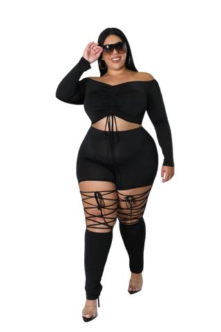 Final Sale Plus Size 2pc Crop Top and Lace Up Pants Set in Black