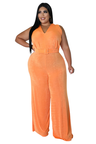 Final Sale Plus Size Slinky Deep V Neck Jumpsuit with Belt in Orange