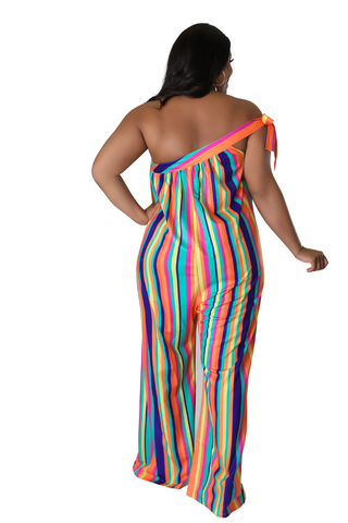 Final Sale Plus Size One Shoulder Jumpsuit in Multi Color Stripe Print