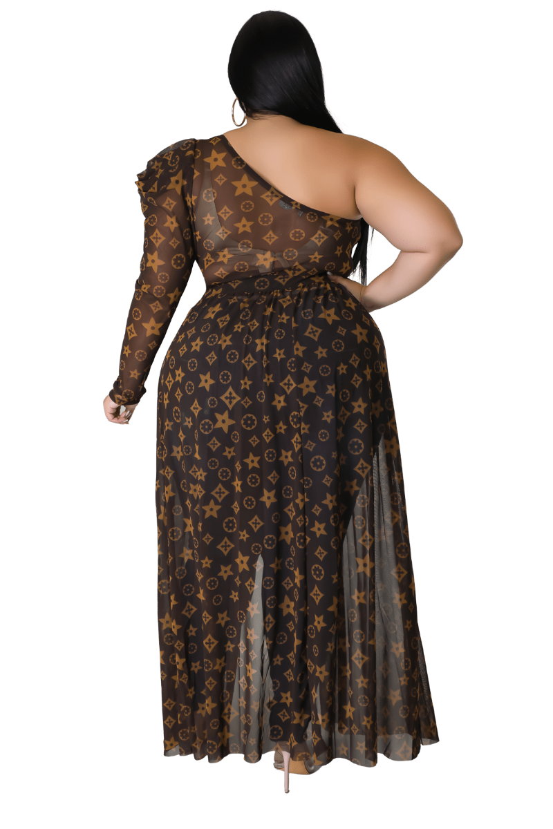 Final Sale Plus Size Mesh One Shoulder Top with Train in Brown and Taupe Design Print