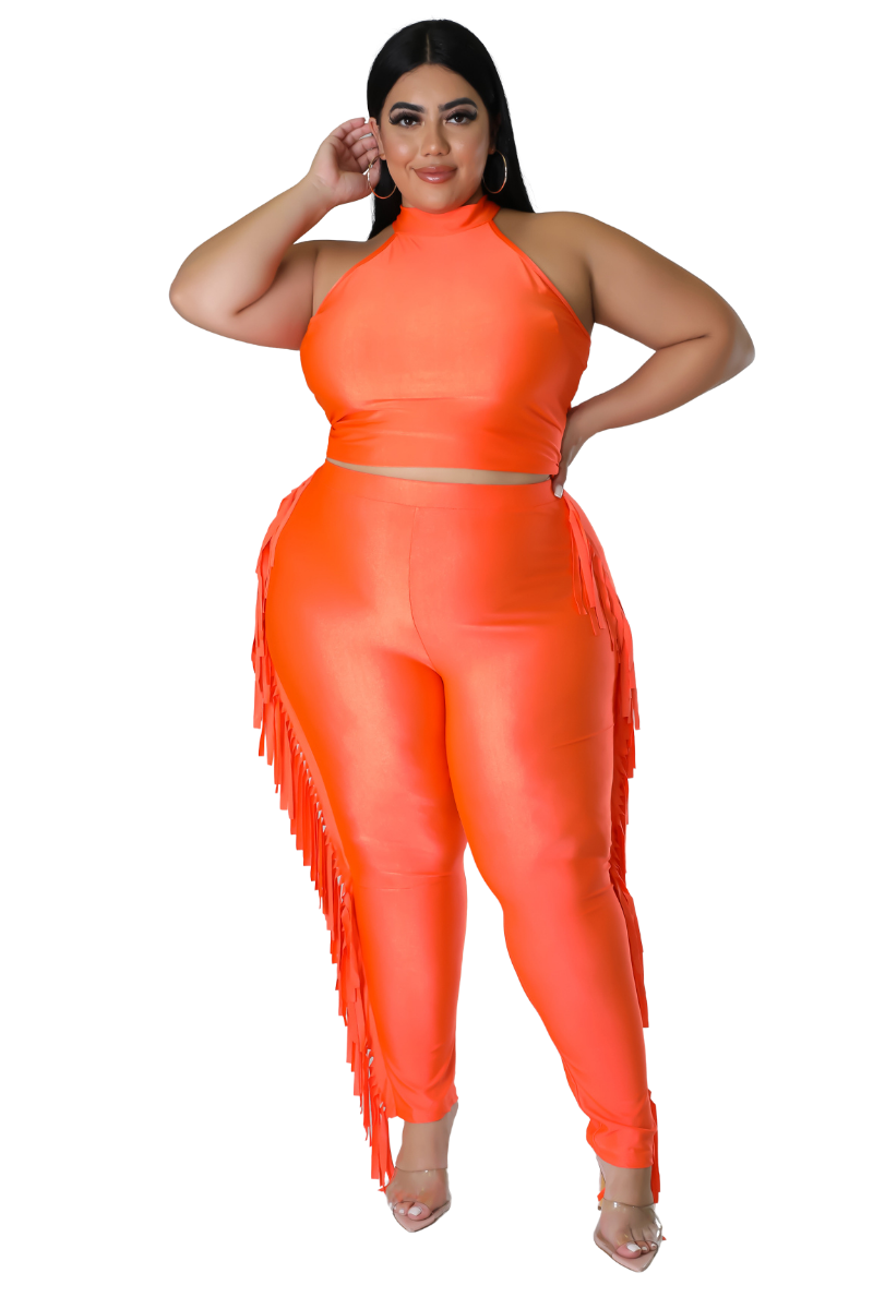 Final Sale Plus Size 2pc Fringe Legging Set with Crop Top in Orange