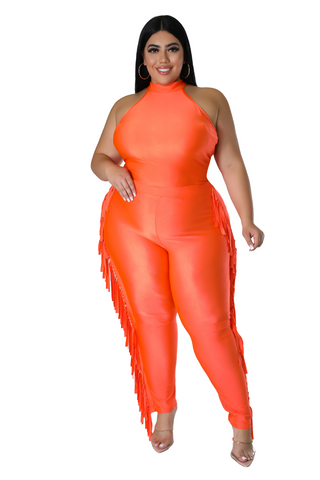 Final Sale Plus Size 2pc Fringe Legging Set with Crop Top in Orange