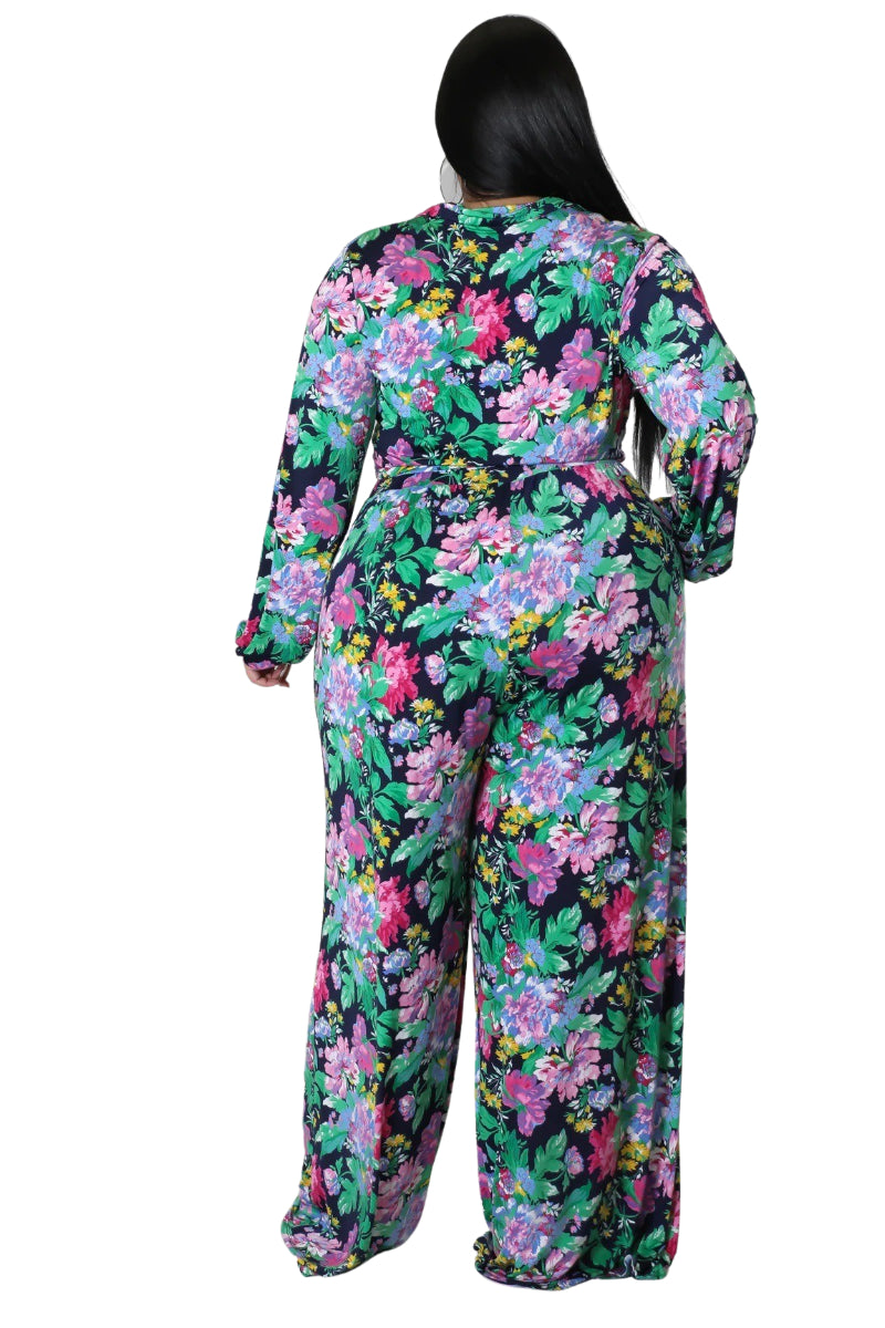 Final Sale Plus Size 2pc Collar Crop Faux Wrap Tie Top and Pants Set in Floral Multi Color Print
