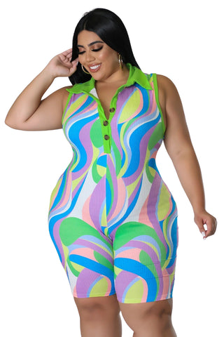 Final Sale Plus Size Sleeve Collar Button Up Romper in Multi Color Print