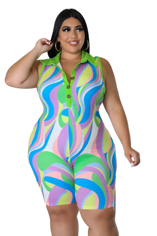 Final Sale Plus Size Sleeve Collar Button Up Romper in Multi Color Print
