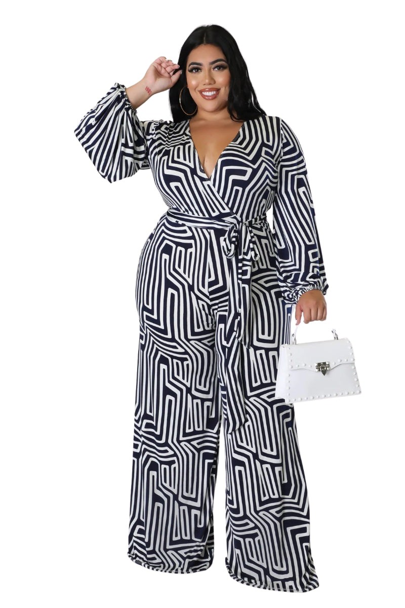 Final Sale Plus Size Faux Wrap Jumpsuit with Tie in Navy and White Design Print