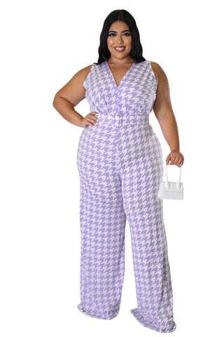 Final Sale Plus Size Jumpsuit with Waist Belt in Lavender Houndstooth Print