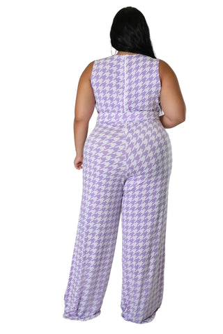 Final Sale Plus Size Jumpsuit with Waist Belt in Lavender Houndstooth Print