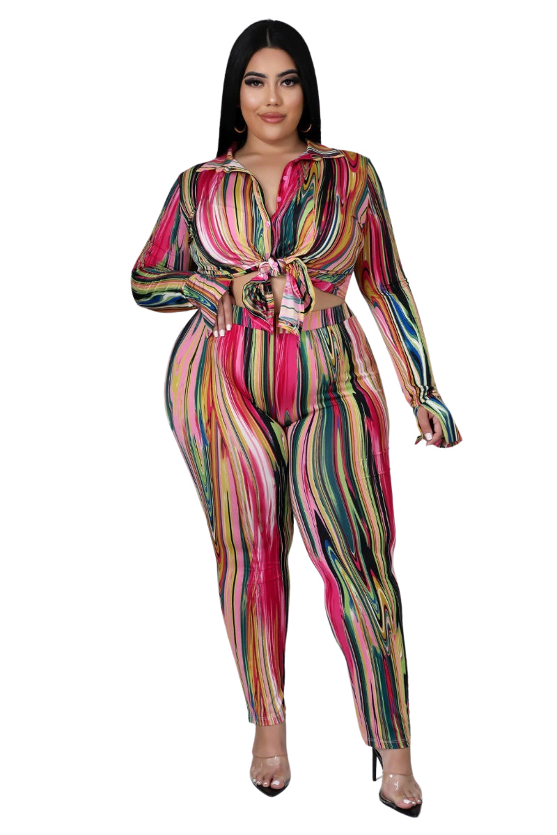 Final Sale Plus Size 2-Piece Button Up Collar Top and Pants Set in Multi Color Print