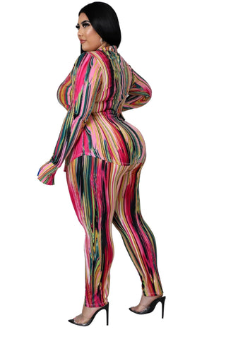 Final Sale Plus Size 2-Piece Button Up Collar Top and Pants Set in Multi Color Print