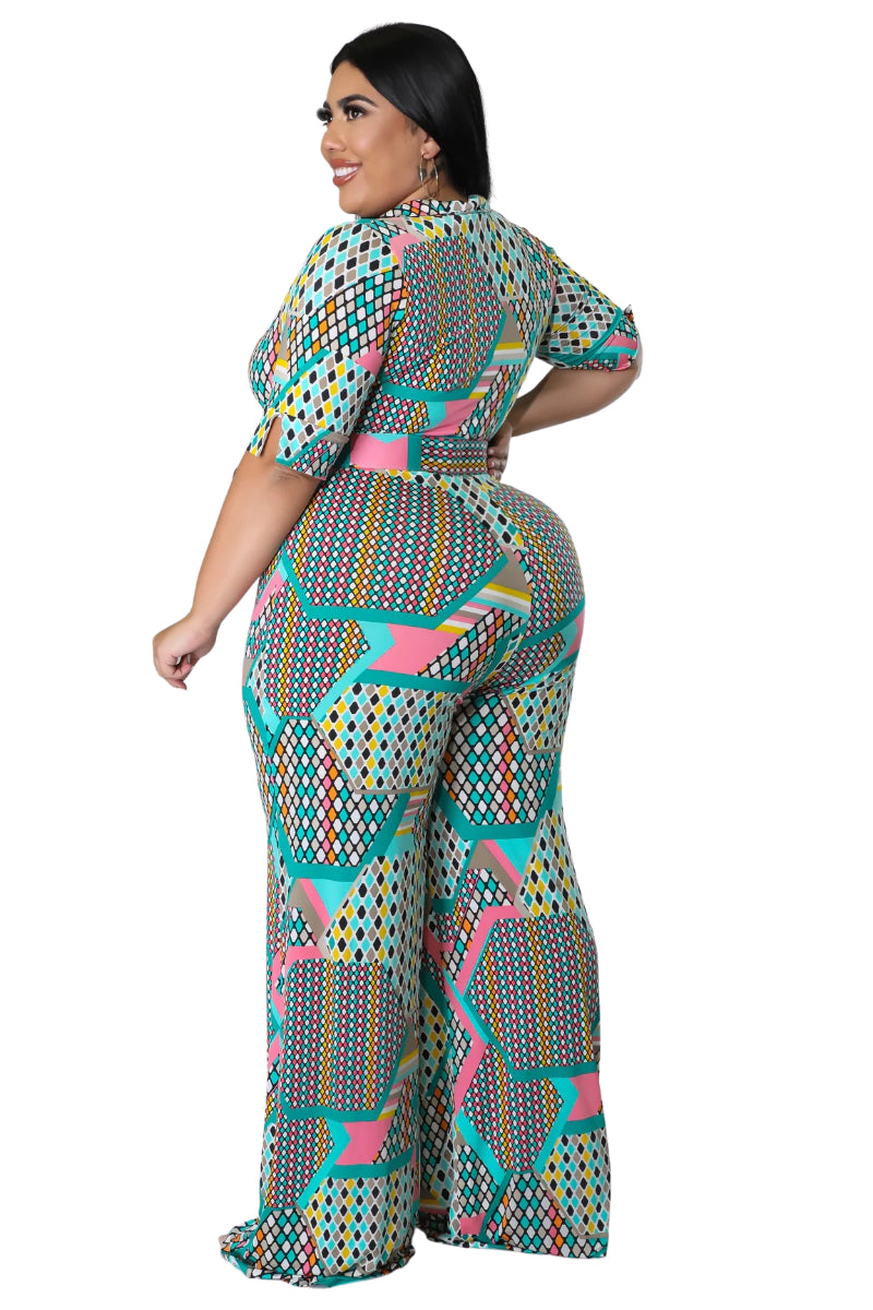 Final Sale Plus Size Collar Faux Wrap Jumpsuit with Belt in Polka Dot Multi Color Print
