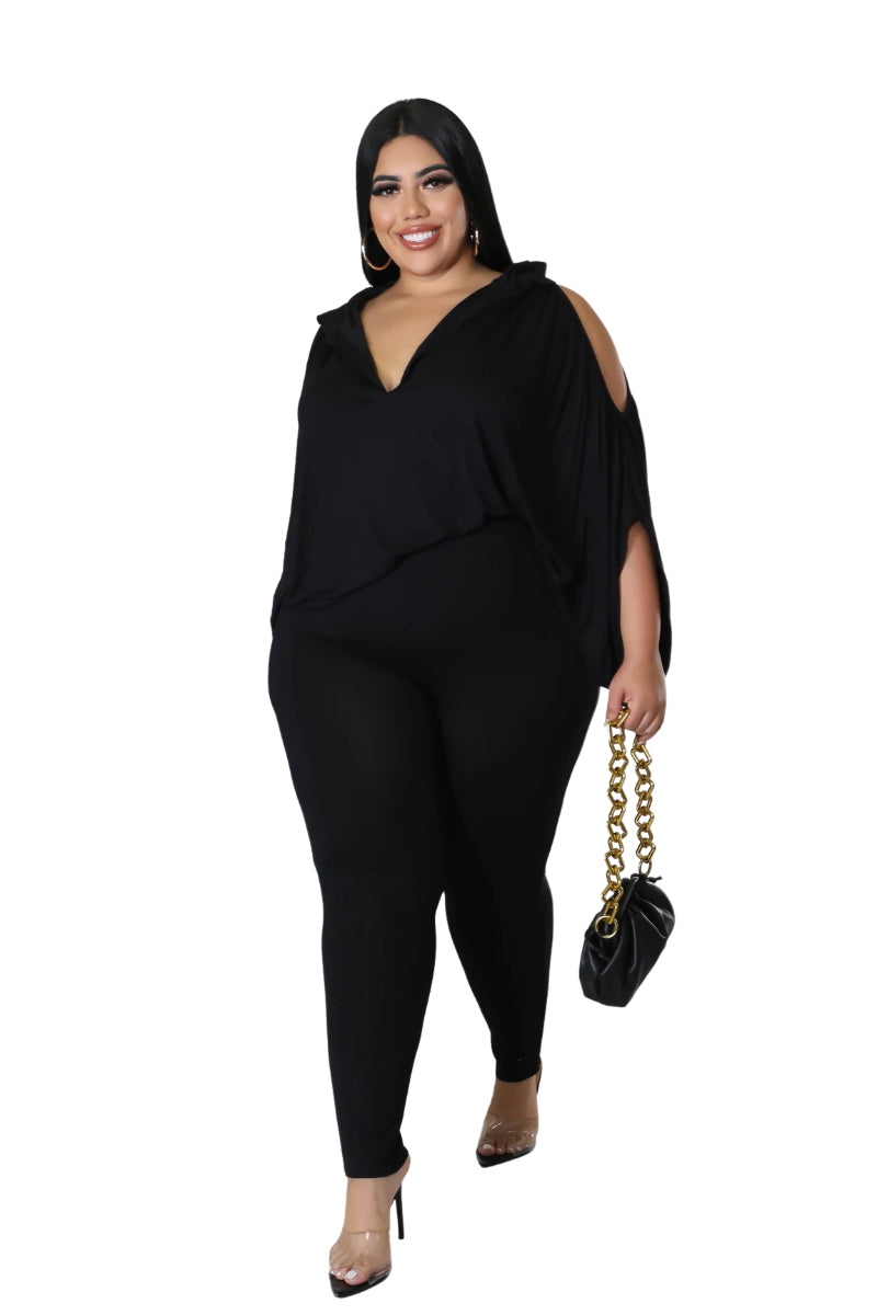 Final Sale Plus Size 2pc Cold Shoulder Shirt Top and Pants in Black