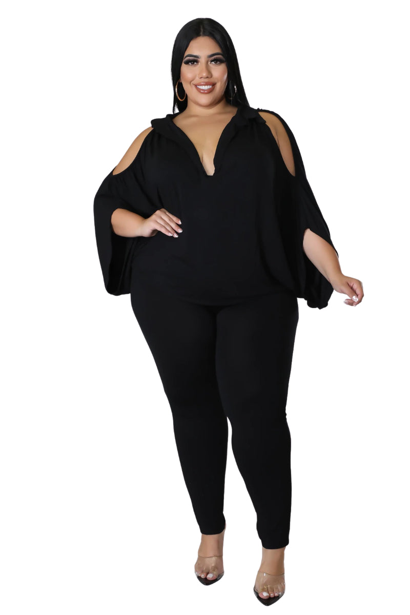Final Sale Plus Size 2pc Cold Shoulder Shirt Top Pants in Black Chic Curvy
