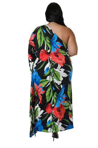 Final Sale Plus Size One Side off the Shoulder Dress in Multi Color Floral Print