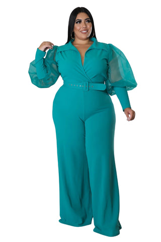 Final Sale Plus Size Faux Wrap Collar Jumpsuit with Sheer Sleeves in Jade