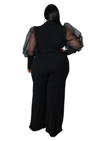 Final Sale Plus Size Faux Wrap Collar Jumpsuit with Sheer Sleeves in Black