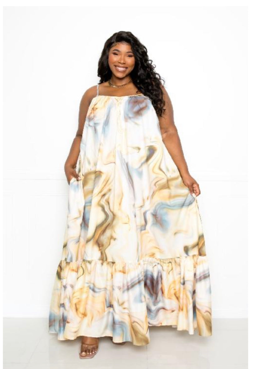 Final Sale Plus Size Maxi Dress in Mustard and Grey Print
