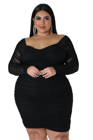 Final Sale Plus Size Ruched Off The Shoulder Mini Dress with Center Sash in Black Mesh