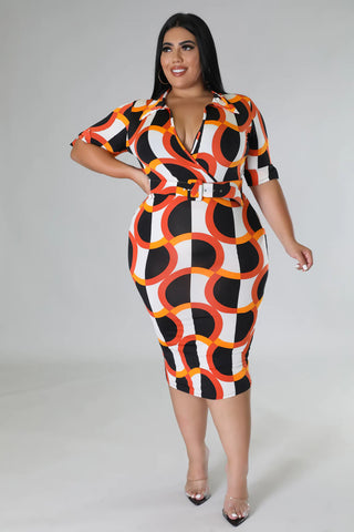 Final Sale Plus Size Collar Faux Wrap BodyCon Dress in Orange and Ivory Design Print