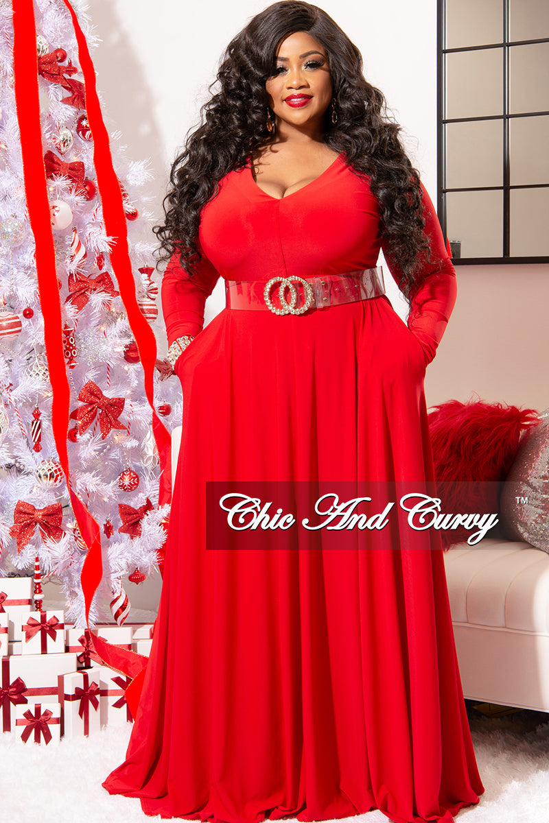 Final Sale Plus Size Long Sleeve Gown with V-Neck in Red