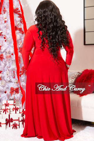 Final Sale Plus Size Long Sleeve Gown with V-Neck in Red