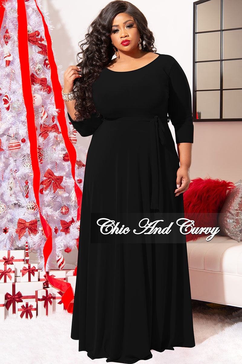 Final Plus Size Long Dress with 3/4 Sleeve and Tie in Black